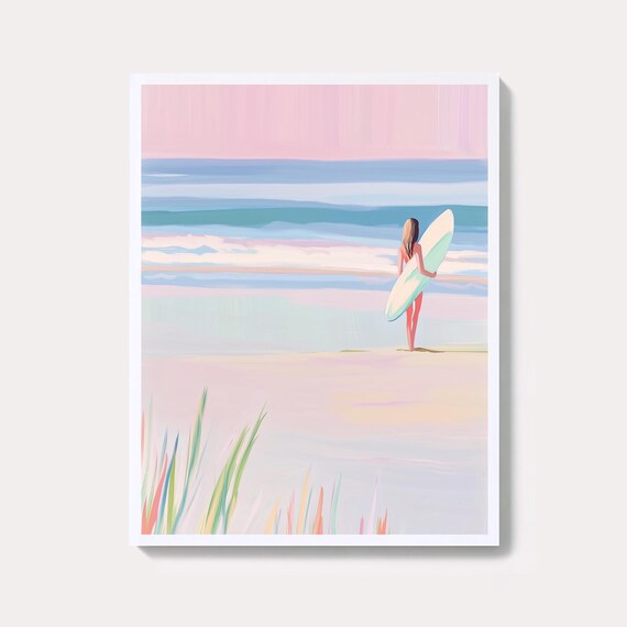 Girl With Surfboard At A Pastel Beach Sunset Coastal Art Poster
