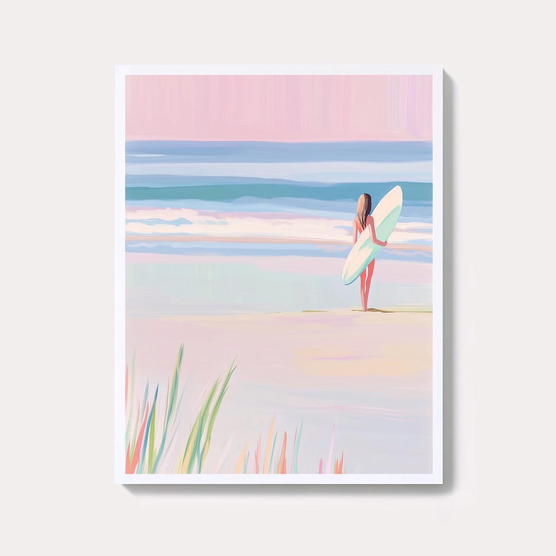 Girl With Surfboard At A Pastel Beach Sunset Coastal Art Poster