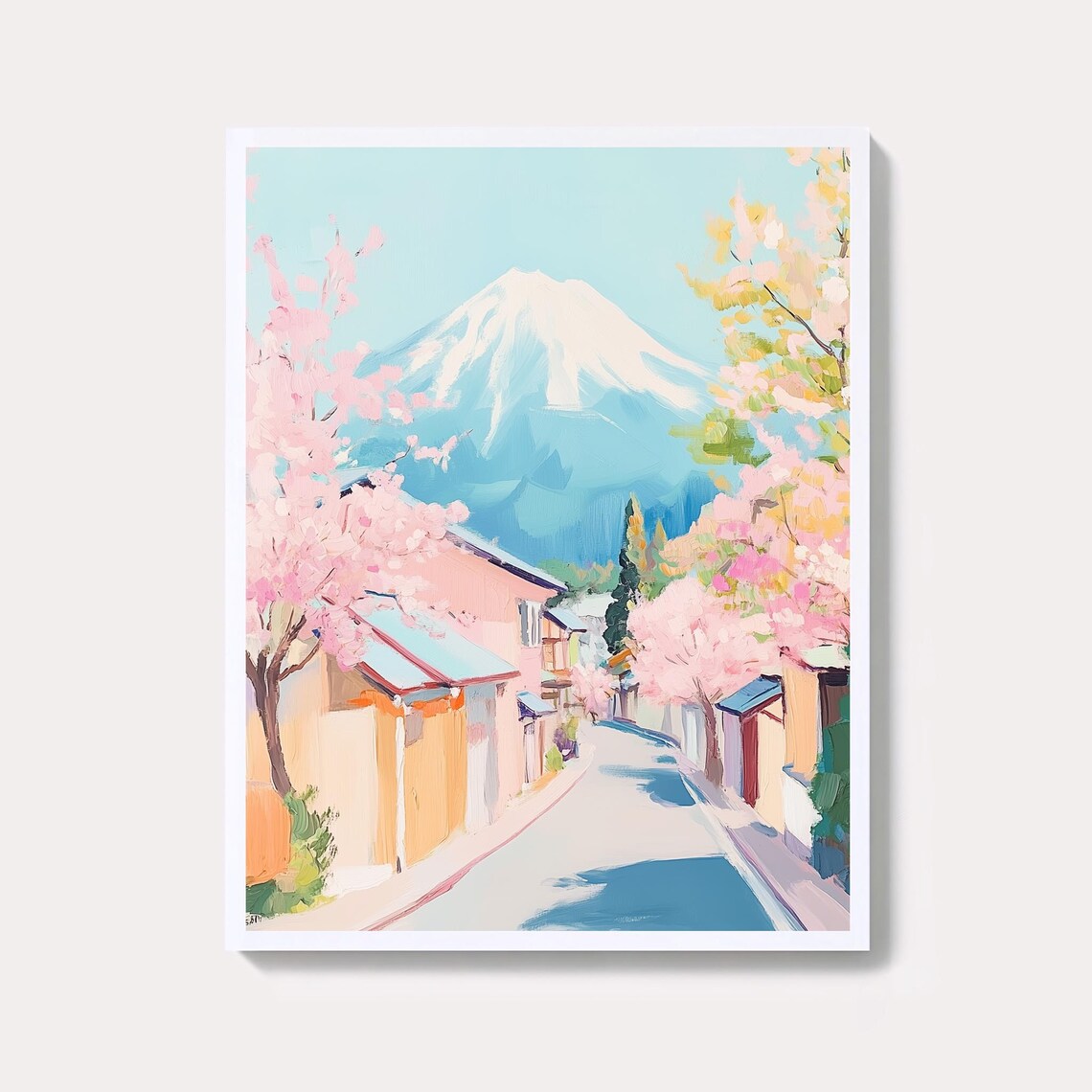 Mount Fuji Cherry Blossom Street Pastel Japan Painting Poster