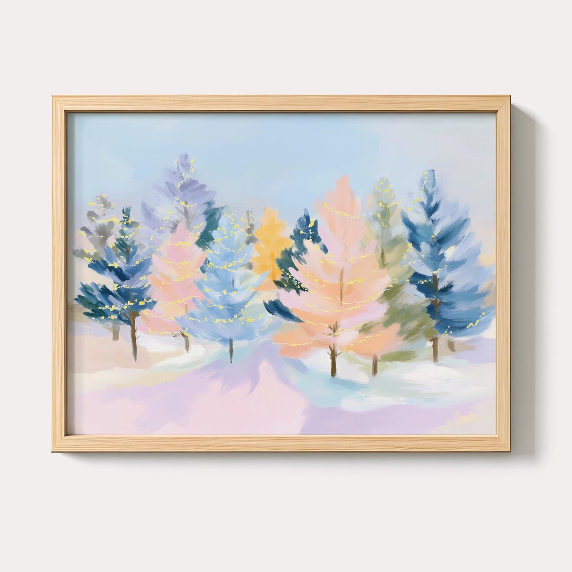 Pastel Snowy Pine Forest Painting With Twinkling Christmas Lights Poster