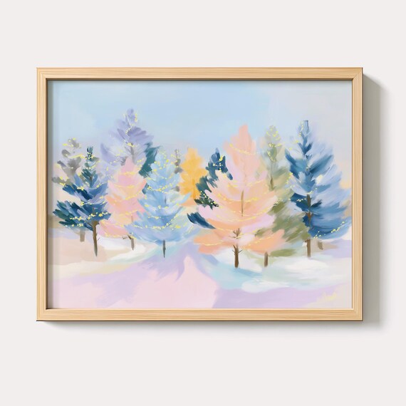 Pastel Snowy Pine Forest Painting With Twinkling Christmas Lights Poster