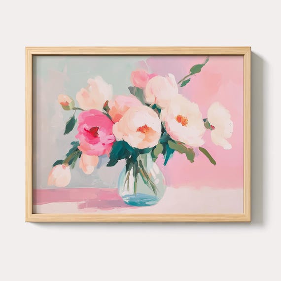 Pastel Floral Still Life Painting Pink And White Botanical Farmhouse Wall Art Print Vintage Flowers Cozy Home