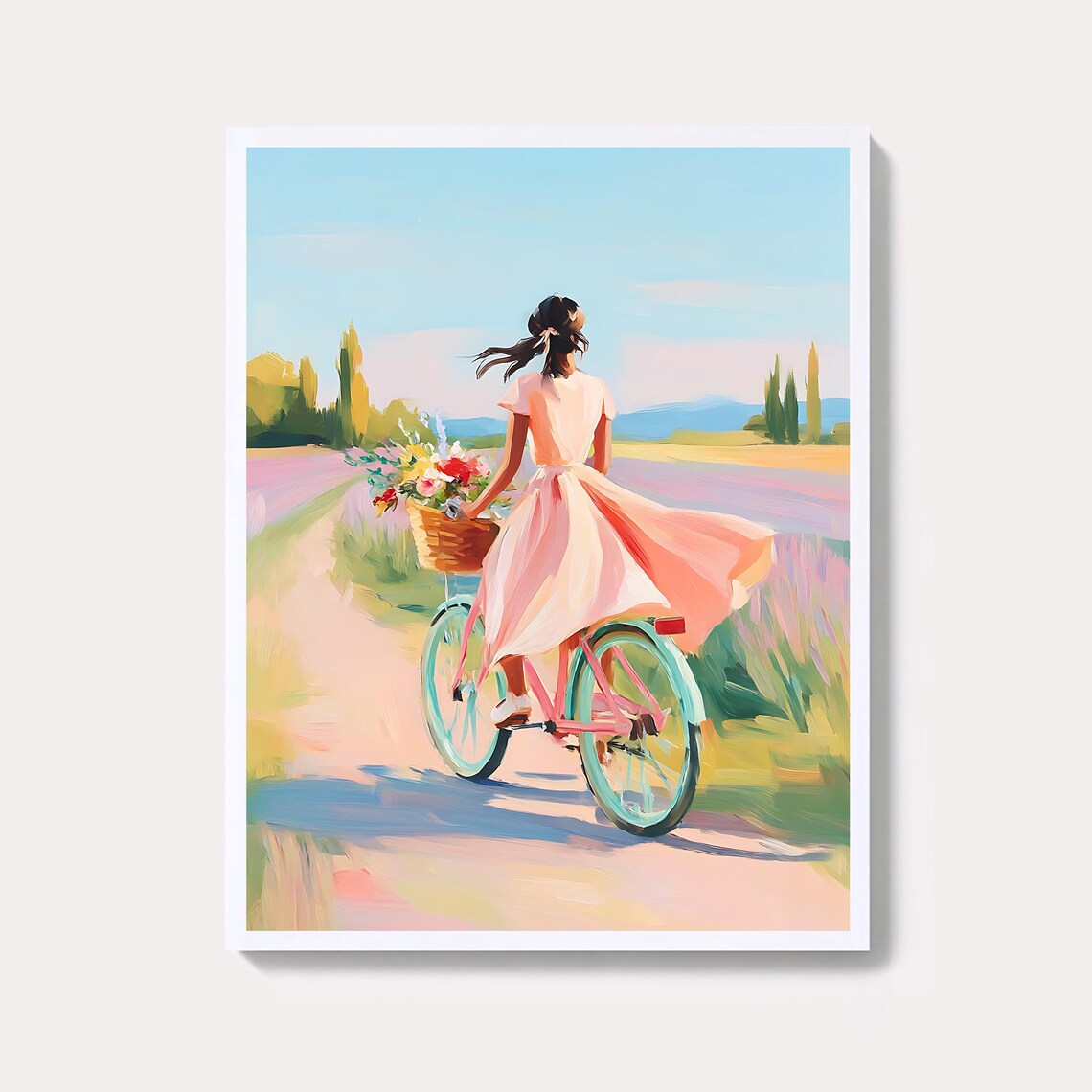 Pink Dress Girl Bicycle Ride Through Lavender Field Painting Poster