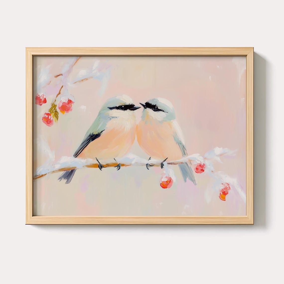 Pastel Songbirds On Snowy Branch With Red Berries Winter Poster