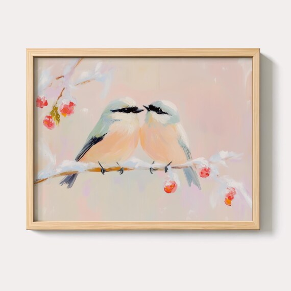 Pastel Songbirds On Snowy Branch With Red Berries Winter Poster