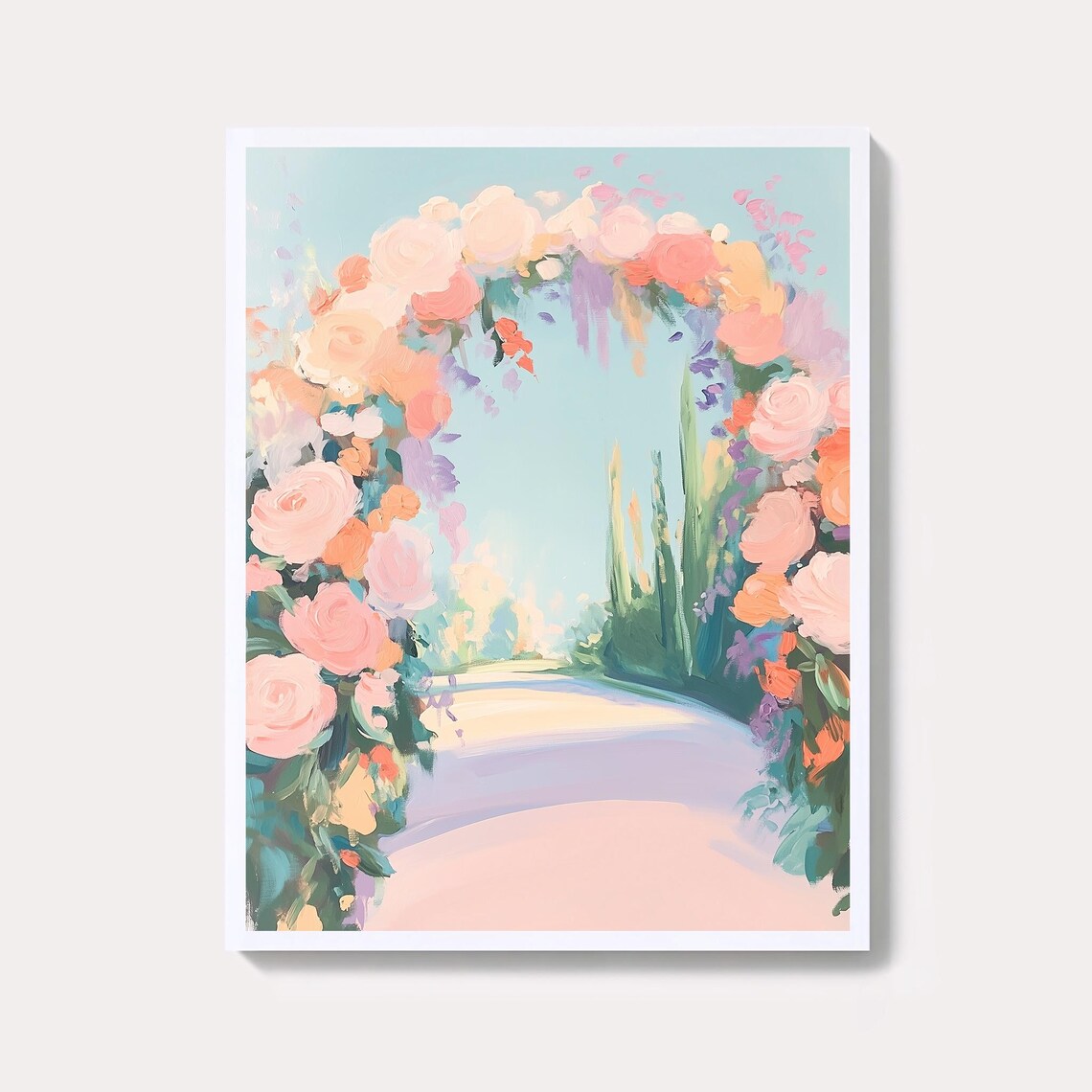 Pastel Rose Arch Over a Garden Path Romantic Floral Watercolor Poster