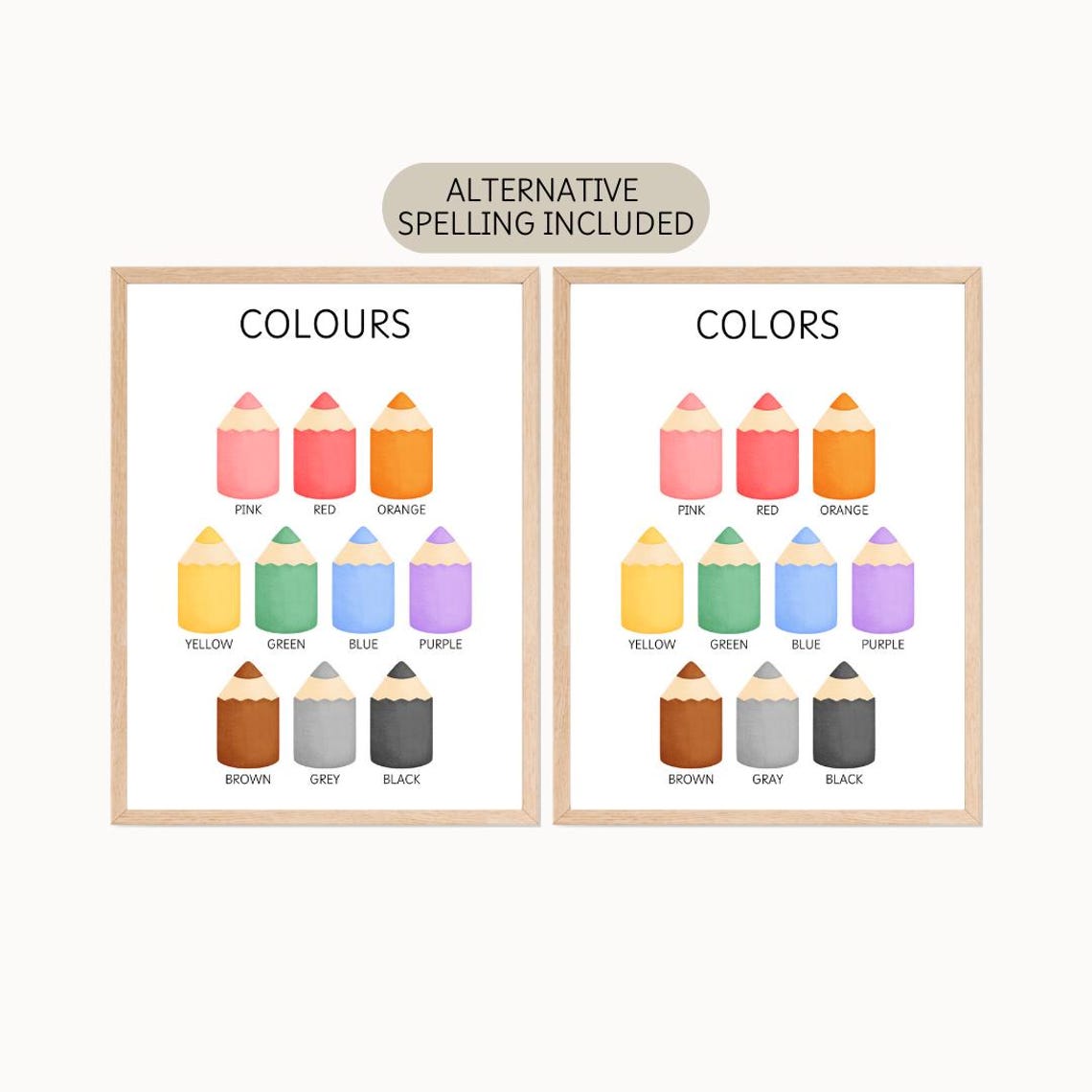 Kids Colors Pencil Poster with British and American Spelling Included