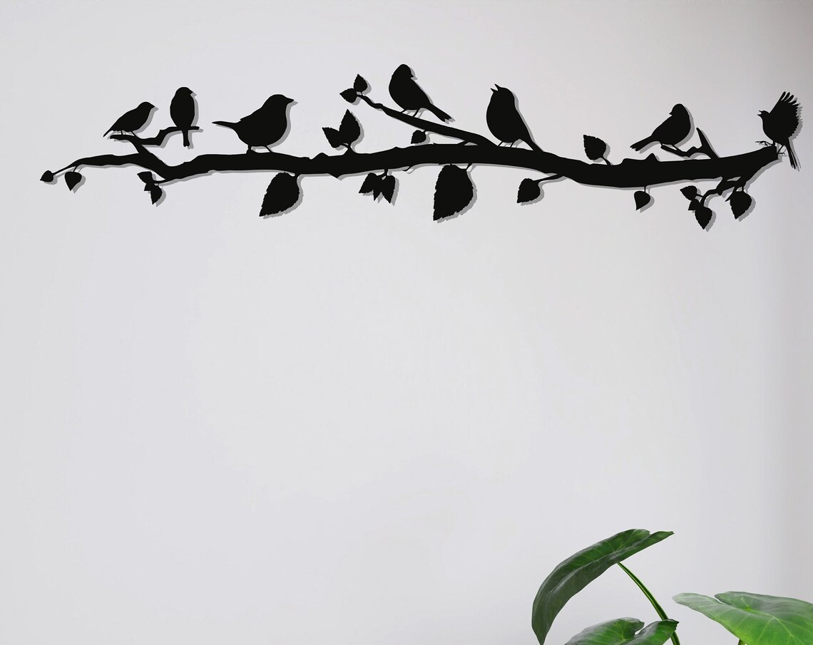 Seven Birds on Leafy Branch Metal Wall Art Black Bird Silhouette Decor