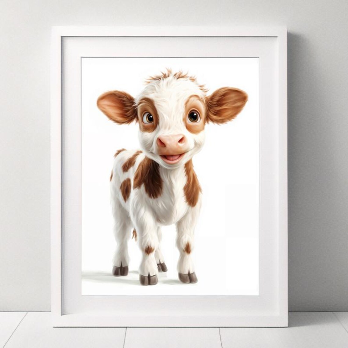 Smiling Brown and White Baby Cow Calf Farm Animal Nursery Poster - Image 4