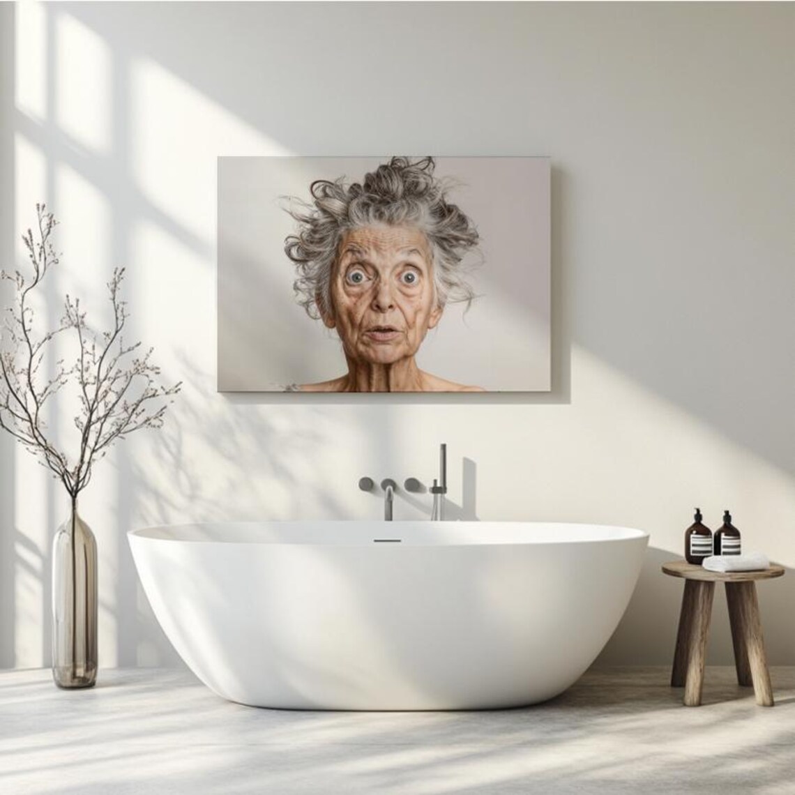 Surprised Elderly Woman Wild Grey Hair Funny Portrait Poster - Image 5