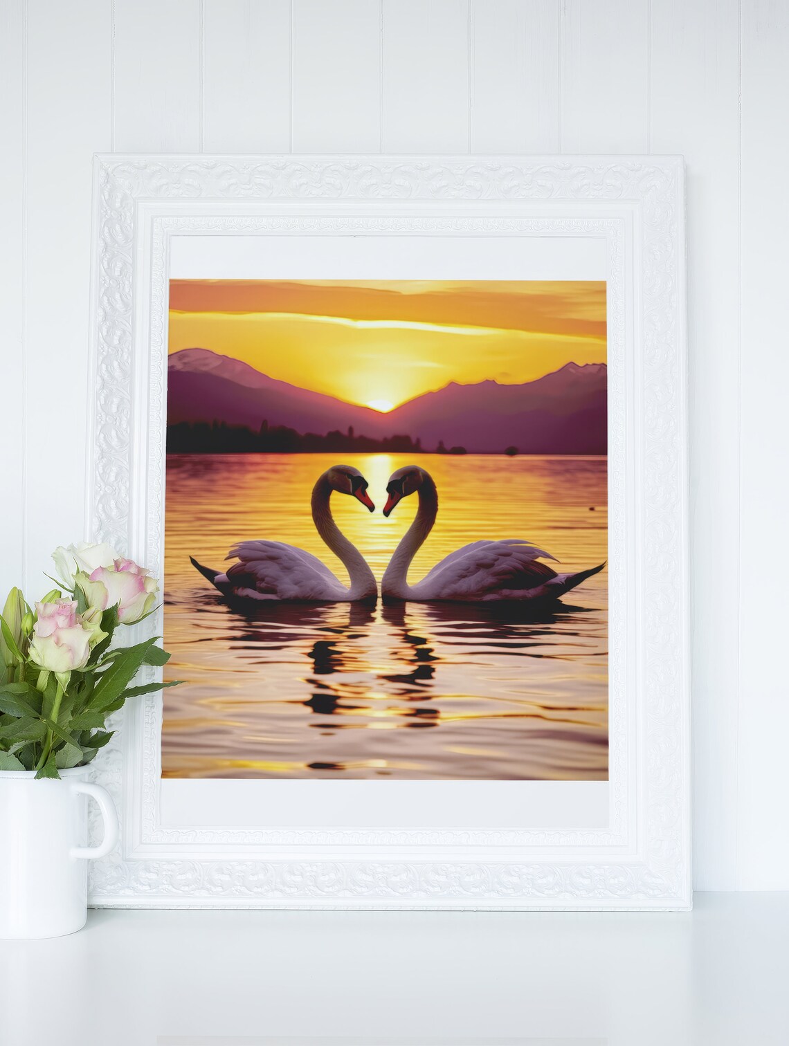 Cute Swan Couple Poster, Sunset Love Lake Gift - Image 4