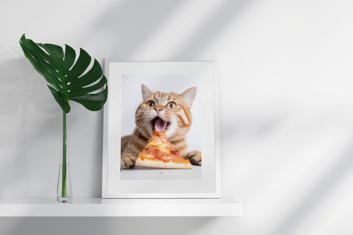 Cute Cat Eating Pizza, Funny Kitchen Art Print - Image 4