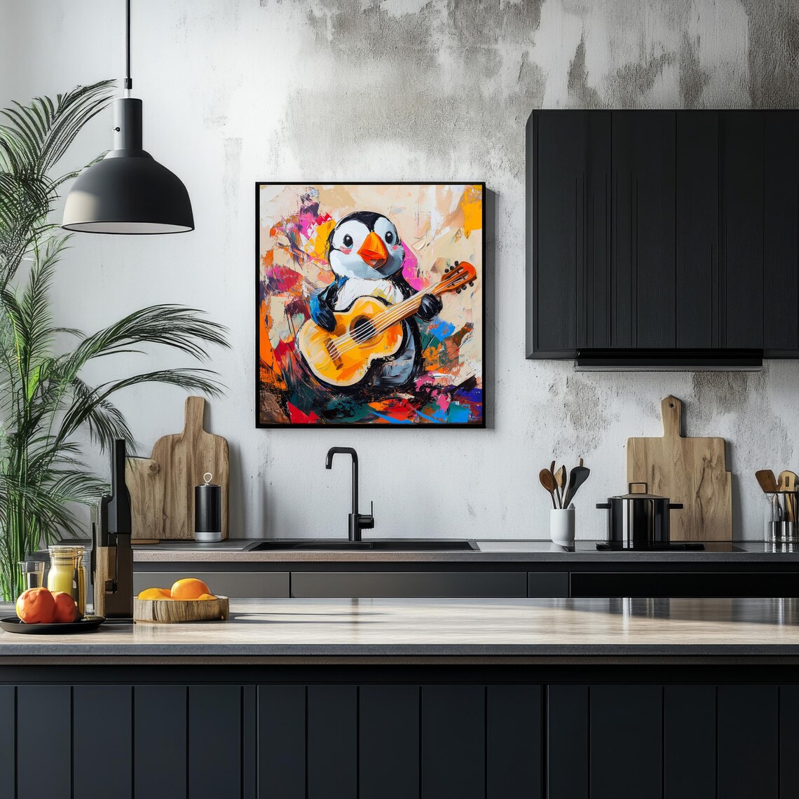 Funny Penguin Playing Guitar, Abstract Coastal Poster - Image 2