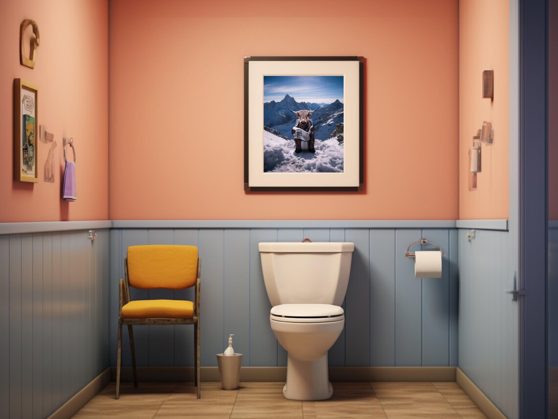 Highland Cow on a Toilet, Funny Bathroom Art Print - Image 3
