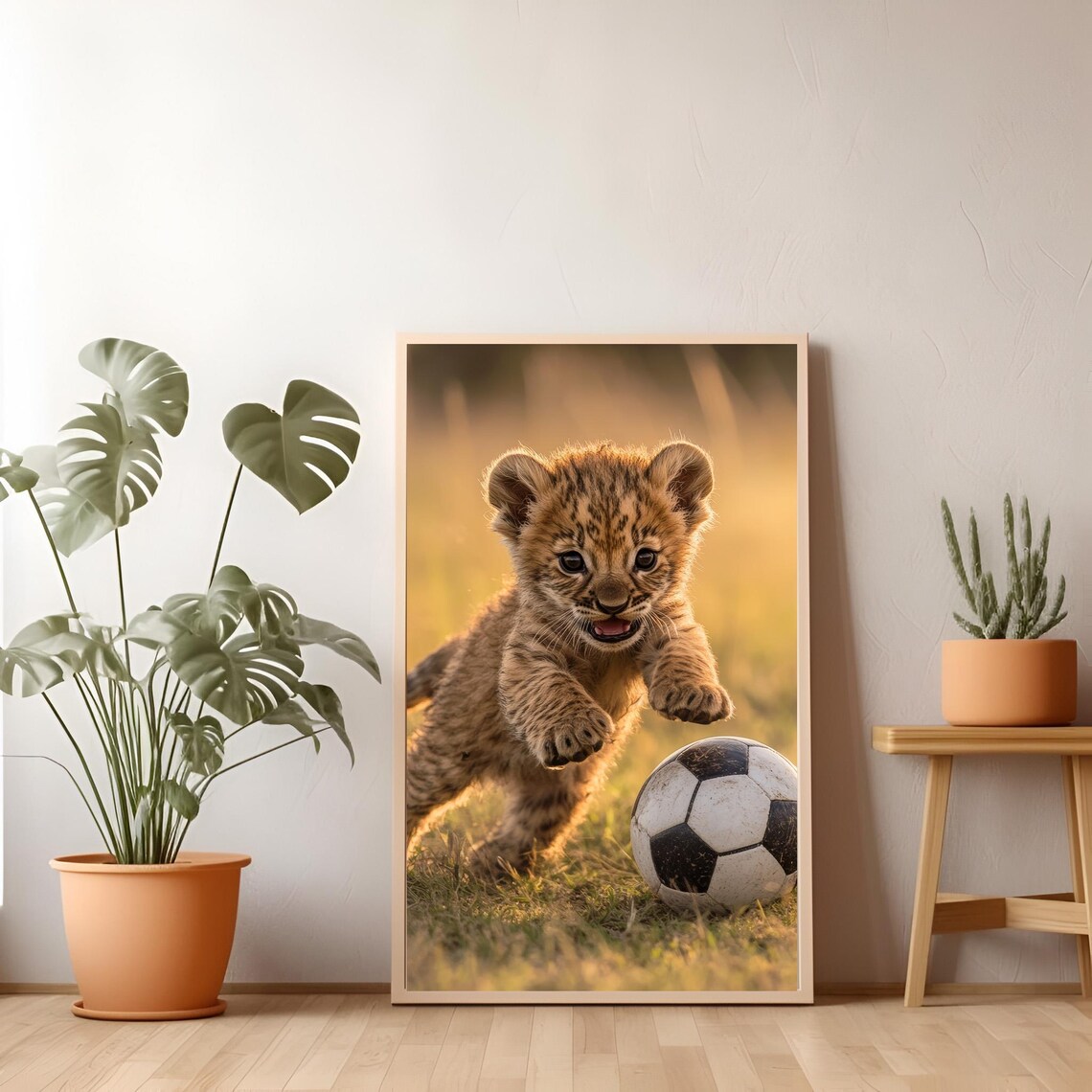 Cute Baby Lion Cub Playing Soccer, Nursery Decor - Image 3