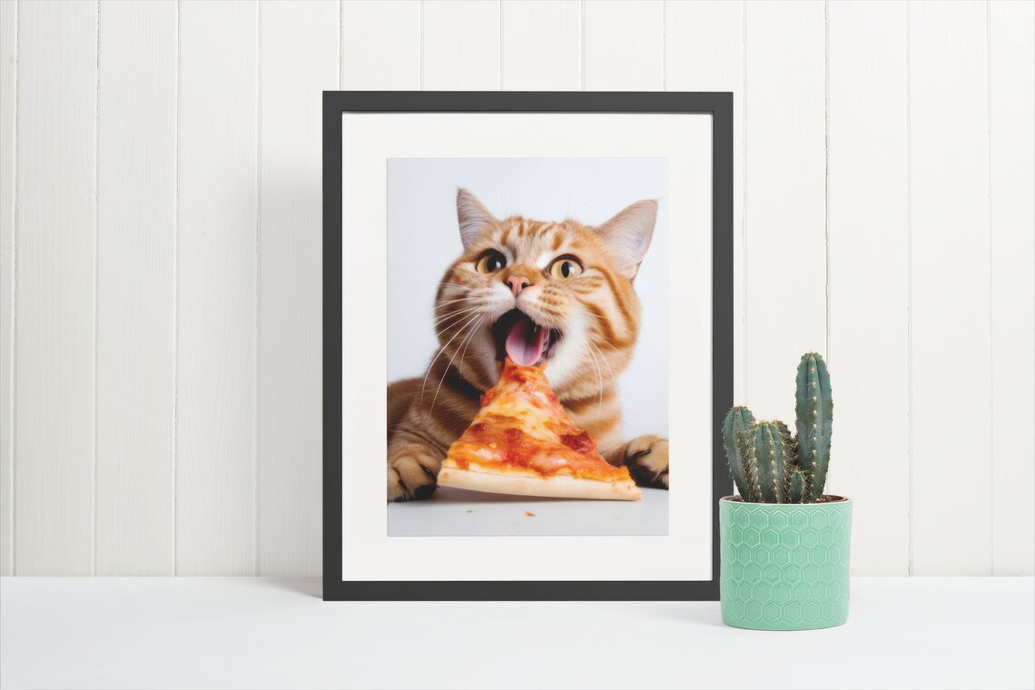 Cute Cat Eating Pizza, Funny Kitchen Art Print - Image 2