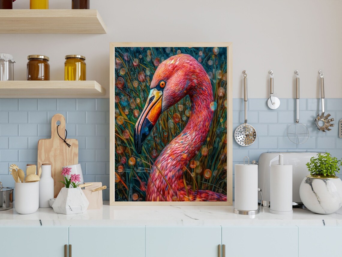 Pink Flamingo Portrait Close Up With Sparkling Golden Bokeh Wall Art - Image 3