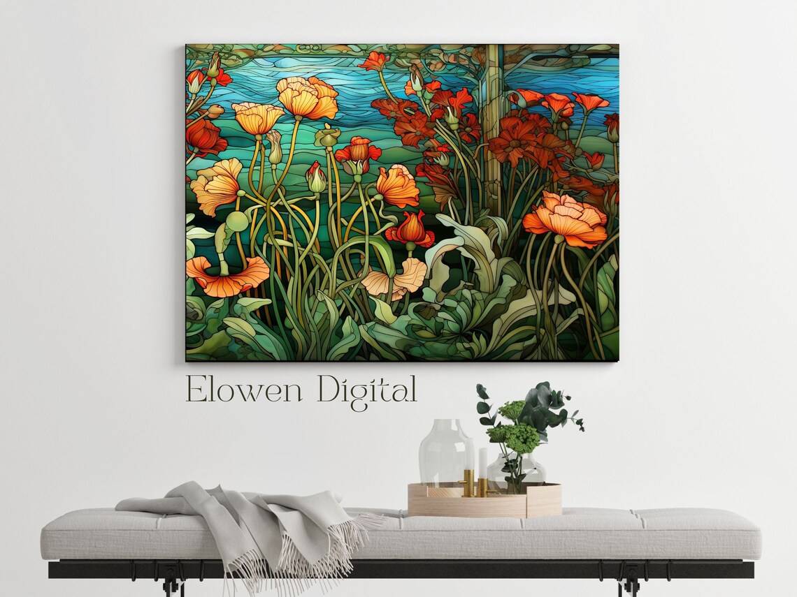 Stained Glass Poppy Field Orange Red Flowers Pond Floral Poster