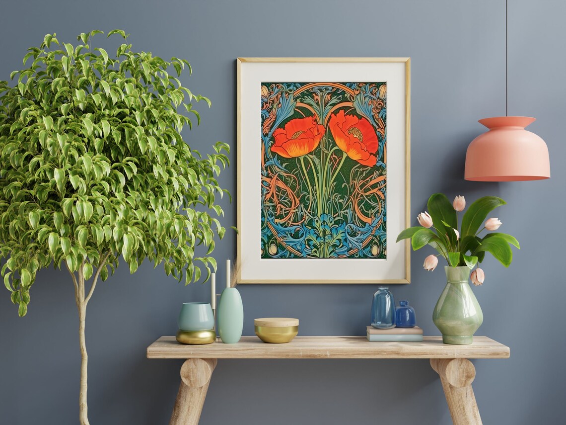 Scarlet Poppies With Blue Green Foliage Morris Style Art Poster - Image 6