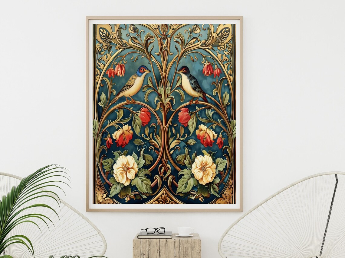 Art Nouveau Symmetric Birds And Flowers Panel Design Wall Art - Image 5