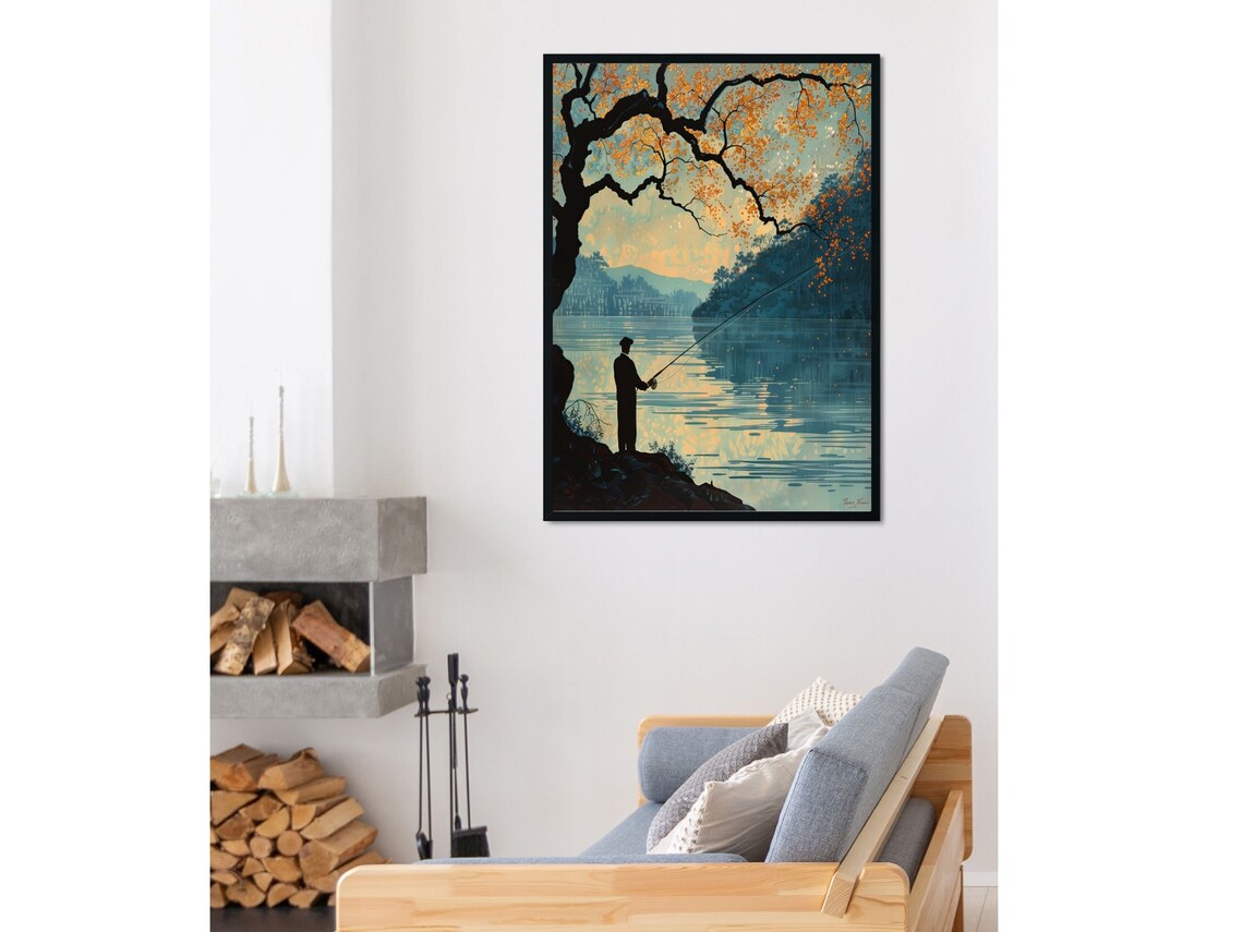 Silhouette Fisherman Autumn Lake Dusk Retro Fishing Wall Art - Image 6