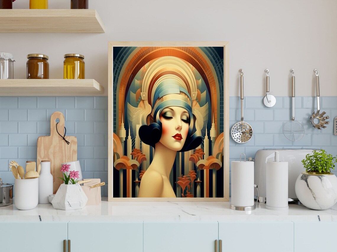 Art Deco Woman in Blue Headdress Beneath Radiant Gold Arch Poster - Image 4