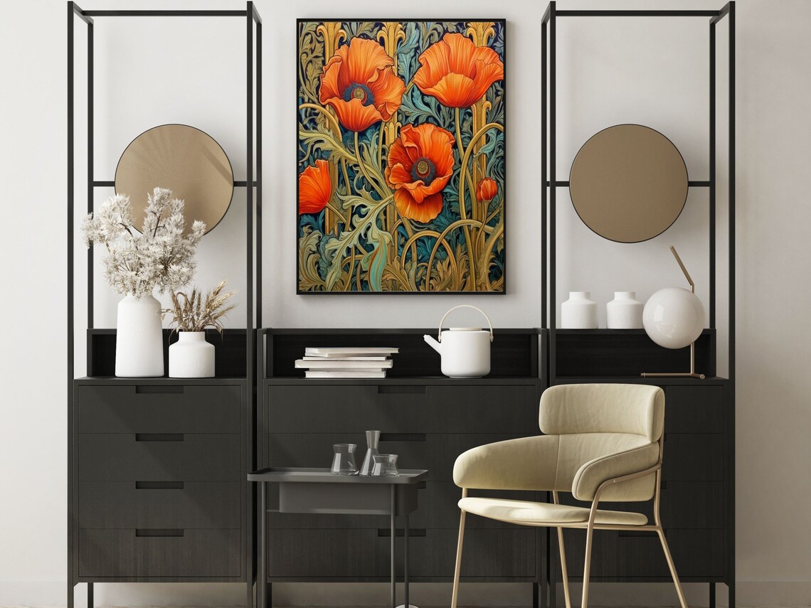 Art Nouveau Orange Poppies with Ornate Golden Foliage Poster - Image 5