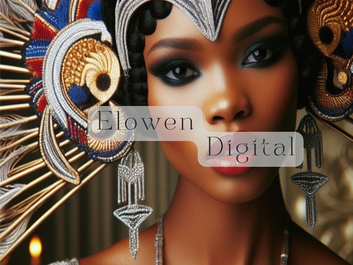 Art Deco Fantasy Woman With Silver And Red Ceremonial Headdress Poster - Image 3