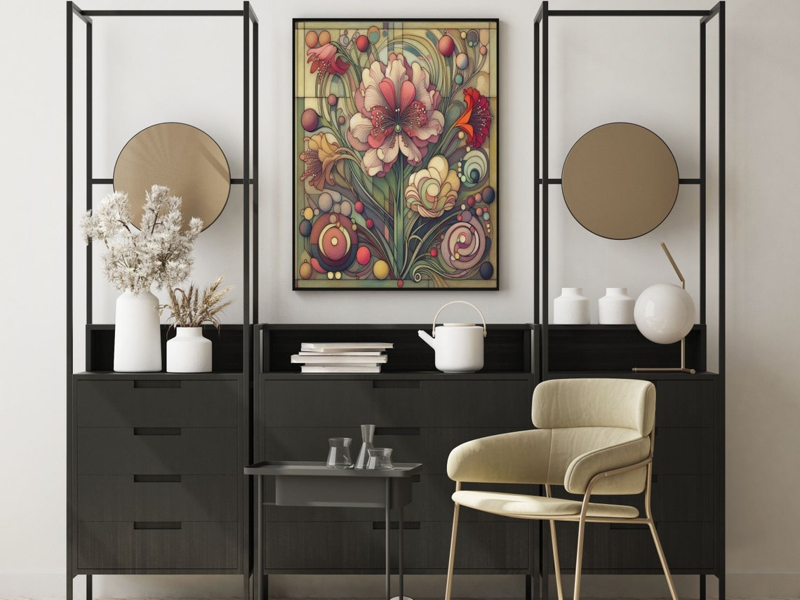 Romantic Art Deco Pink Peonies Geometric Vintage Botanical Poster - Image 6