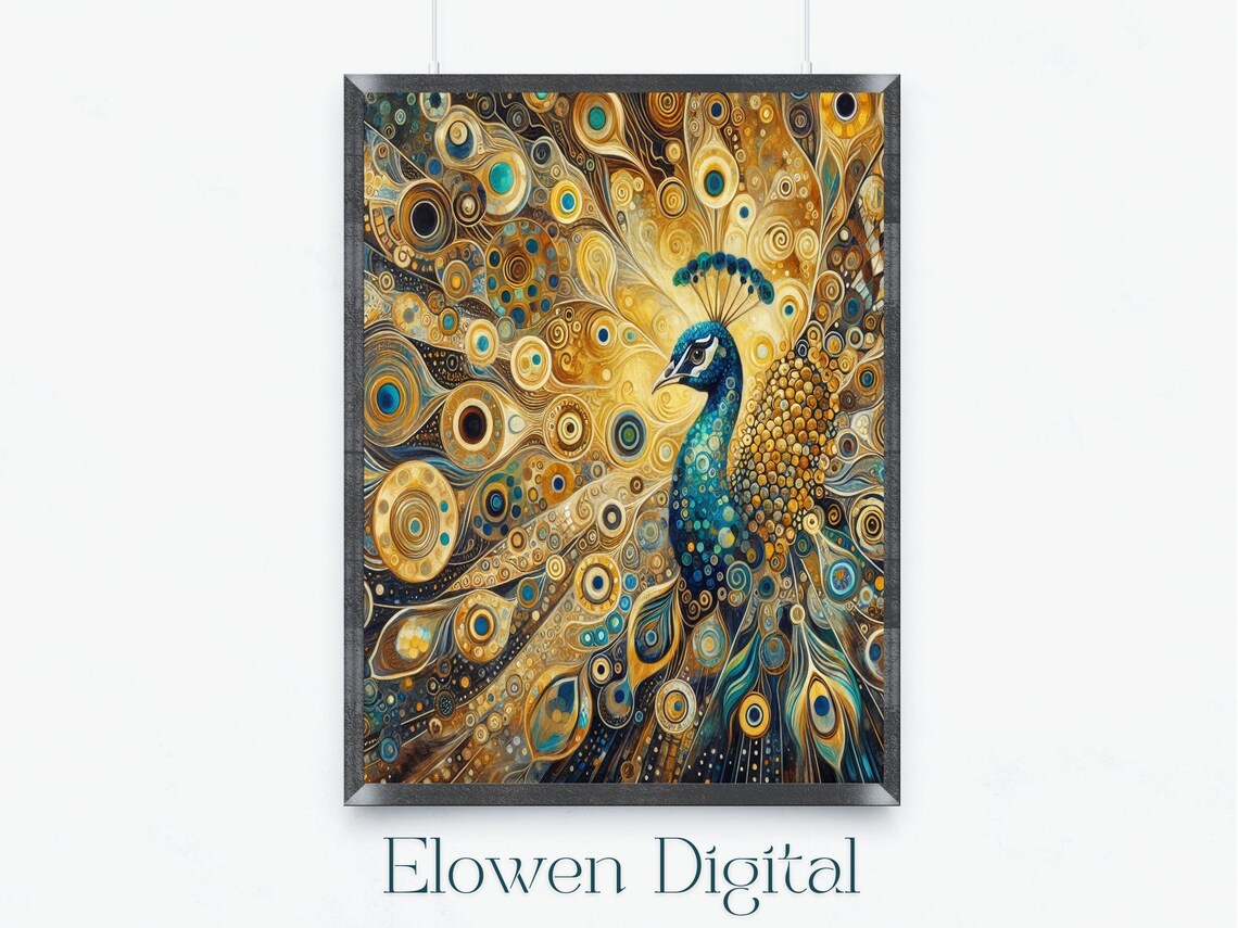 Golden Art Nouveau Peacock with Sapphire Blue Plumage Wall Poster