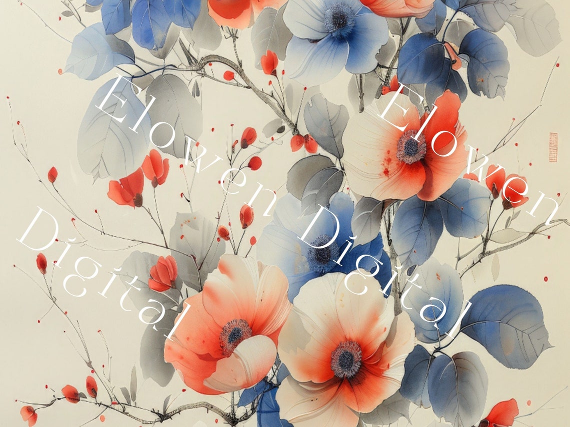 Japanese Ink Wash Red And Blue Blossoms Botanical Style Wall Art - Image 5