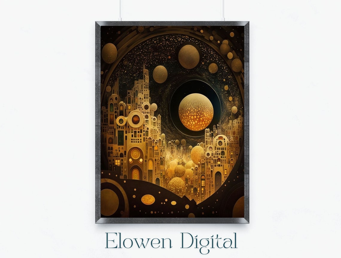 Golden Fantasy Celestial City Orbiting A Giant Planet Art Poster