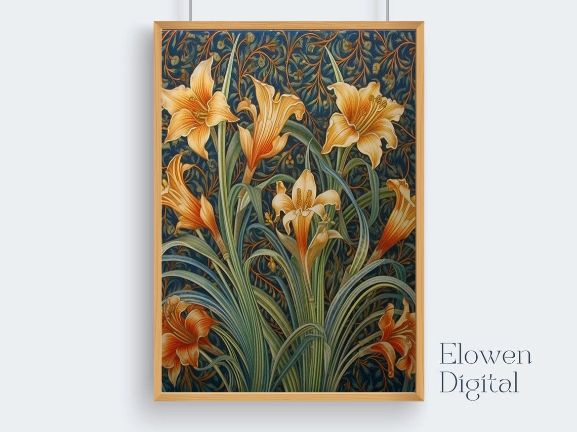 William Morris Style Orange Lilies On Dark Blue Floral Poster
