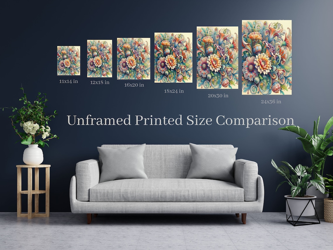 Morris Style Cream Tulips and Anemones on Teal Floral Wall Art - Image 2