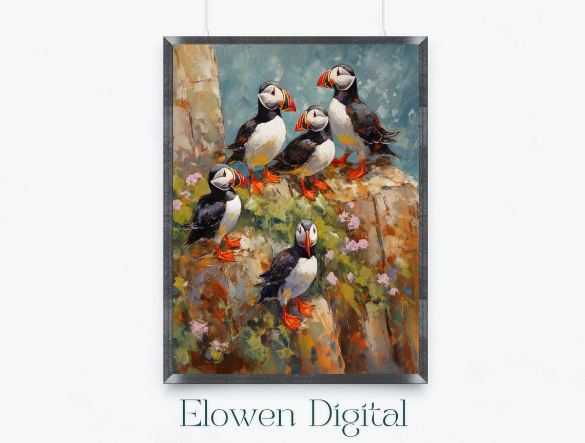 Five Atlantic Puffins On Rocky Cliff Seabird Scene Art Poster