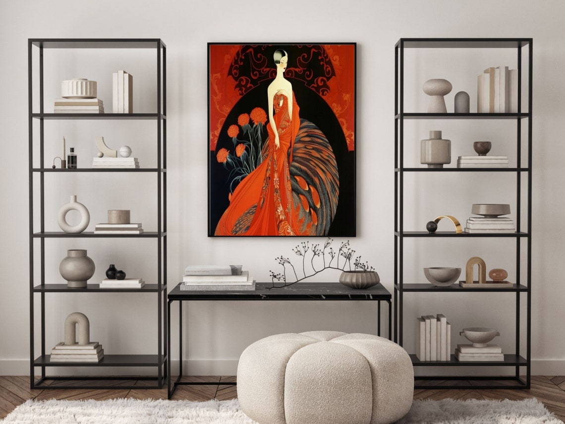 Art Deco Woman in Red Gown With a Sweeping Feathered Train Poster - Image 6