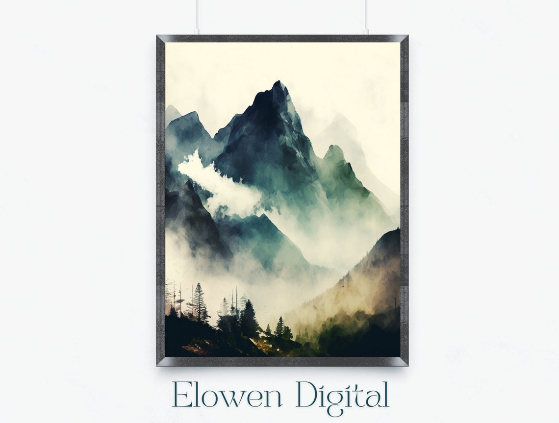 Misty Teal Mountain Peaks in a Watercolor Landscape Wall Poster