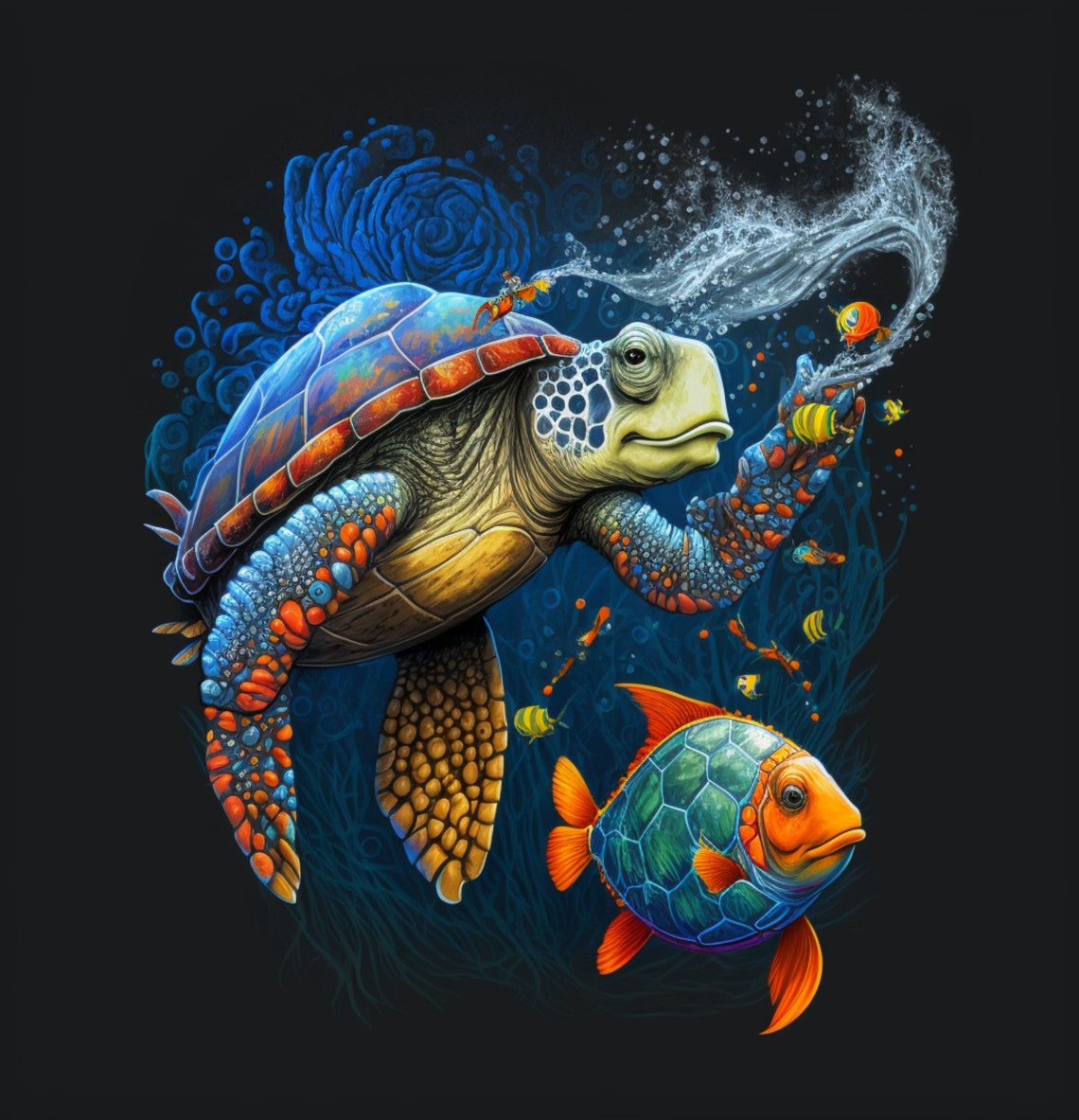 Playful Sea Turtle and Tropical Fish on Black Party Wall Poster - Image 3