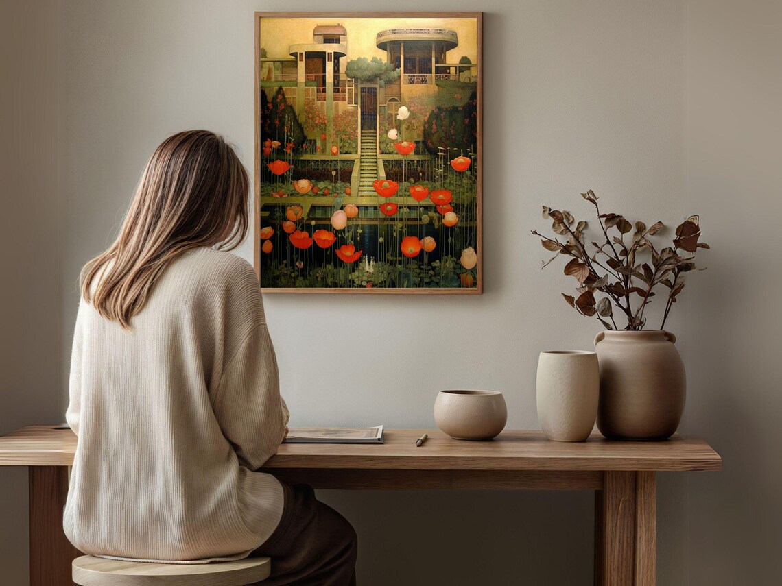 Art Deco Villa with Red Poppy Flower Garden Architectural Art Poster - Image 3