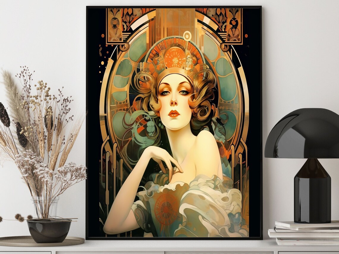 Elegant Golden Curled Woman In Ornate Art Nouveau Arch Portrait Print - Image 6