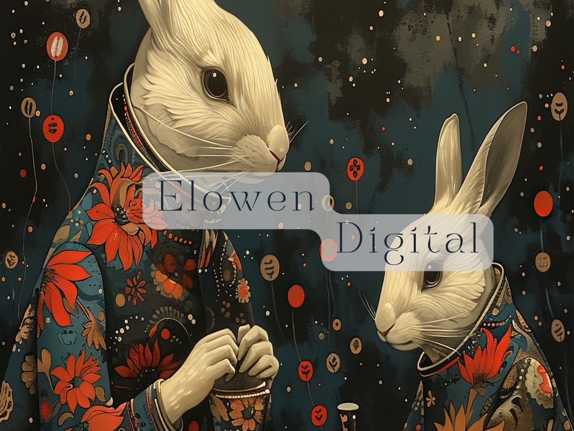 Two White Rabbits Tea Party Under A Starry Lantern Night Sky Wall Art - Image 4