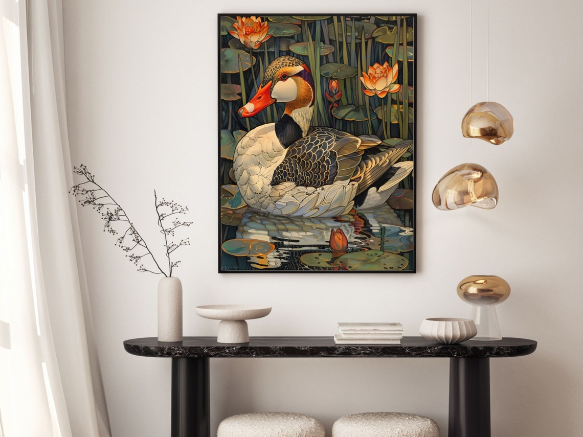 Elegant Art Deco Duck Pond Lotus Flowers Vintage Wildlife Poster - Image 4