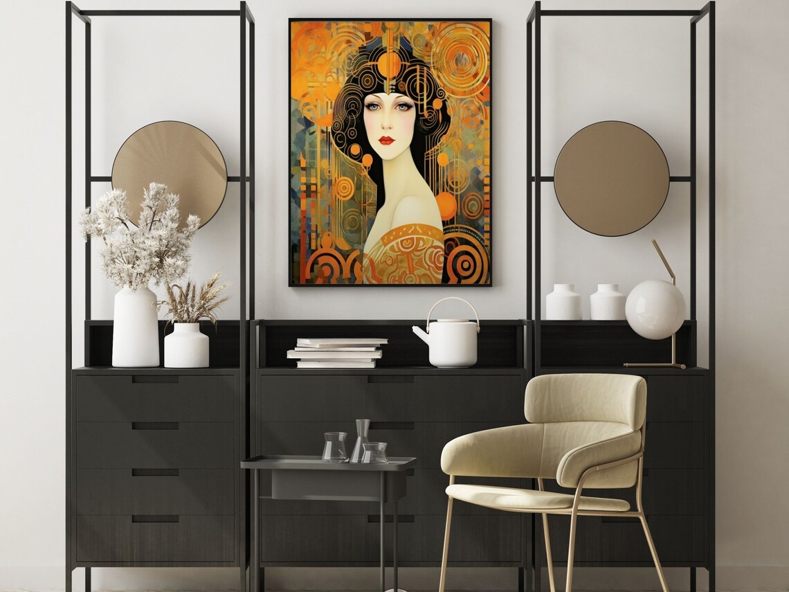 Art Nouveau Wall Art In Gold And Orange Art Nouveau Decor Woman With Swirls Wall Art For Art Nouveau Decor - Image 2