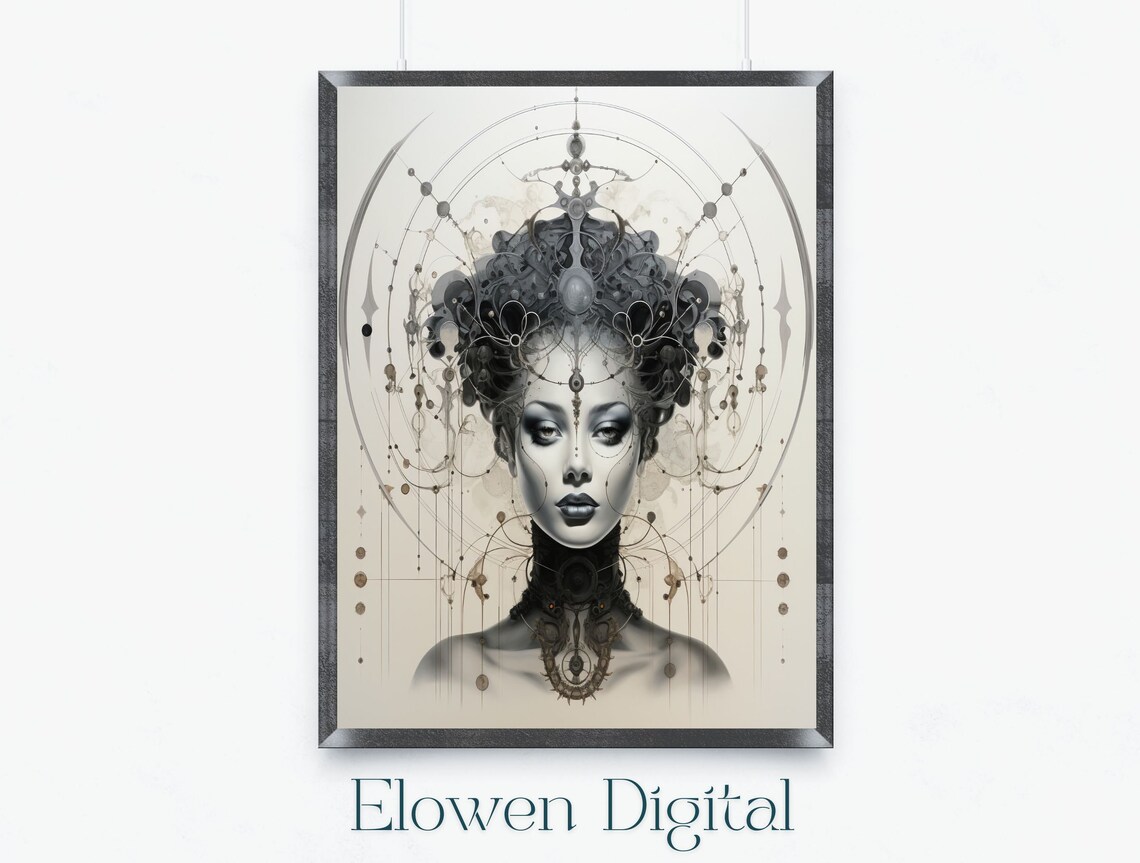 Art Deco Monochrome Woman With Ornate Celestial Headpiece Poster