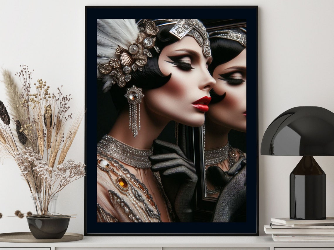 Silver Gown Woman Gazing At Her Mirror Reflection Art Deco Print - Image 3