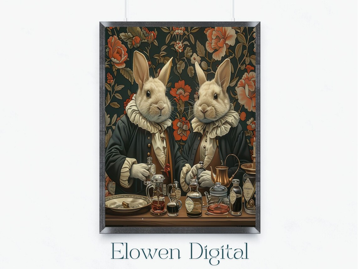 Two Apothecary Rabbits Behind A Counter Of Glass Remedy Bottles Wall Art