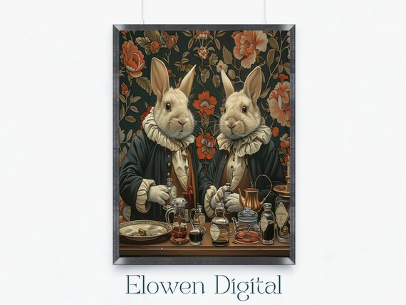 Two Apothecary Rabbits Behind A Counter Of Glass Remedy Bottles Wall Art