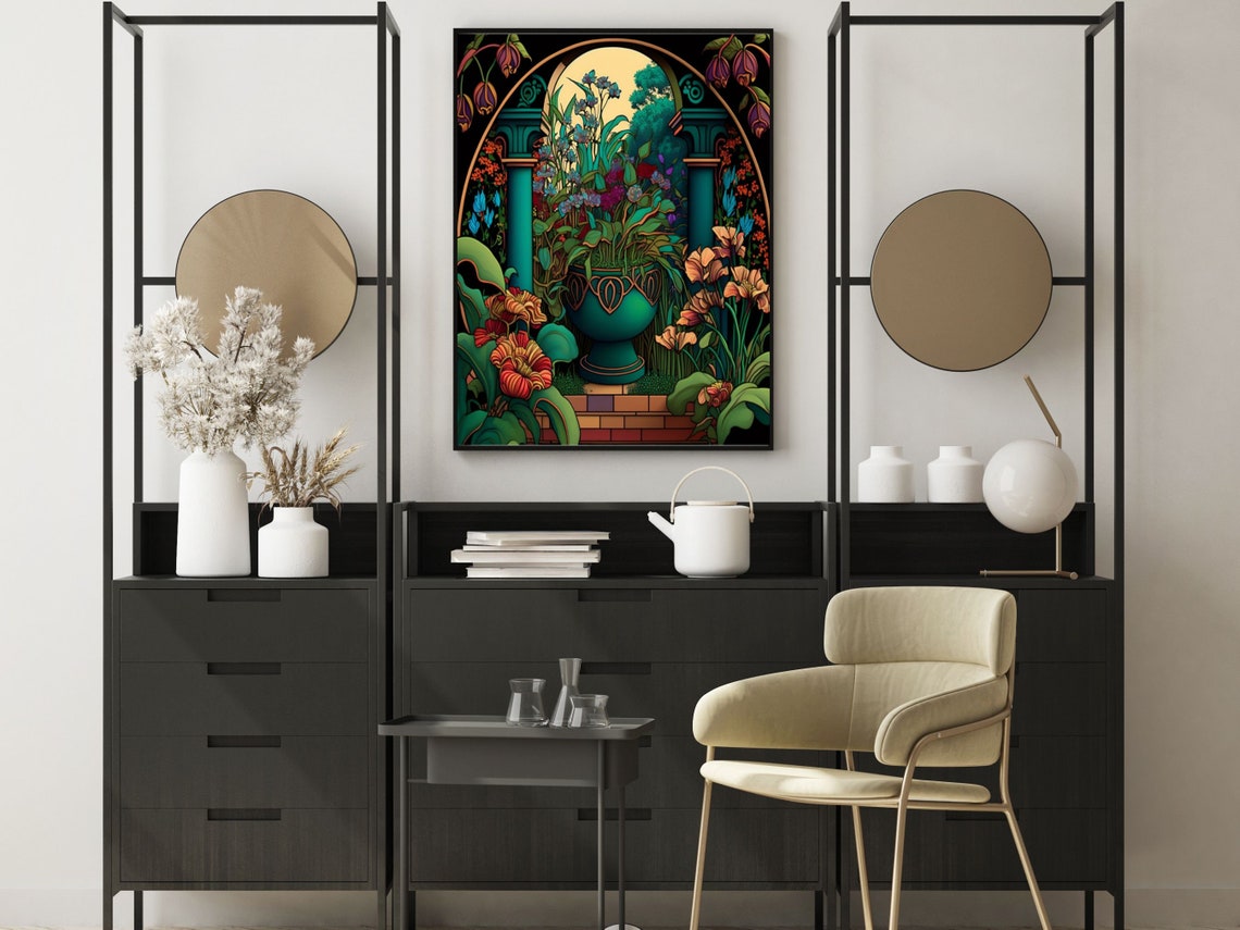 Art Nouveau Garden Urn Between Teal Columns at Dusk in Bloom Poster - Image 6