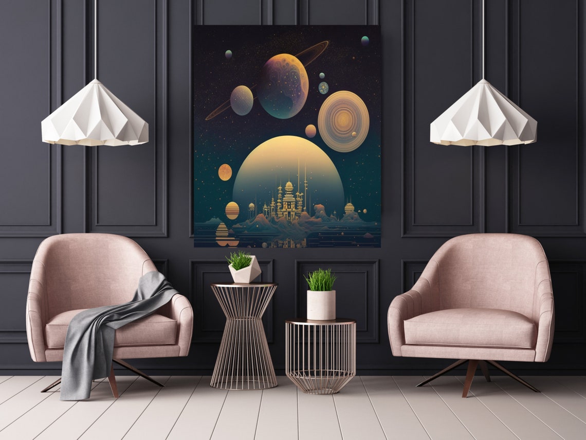 Alien City Beneath Ringed Planets Space Fantasy Art Wall Art - Image 4