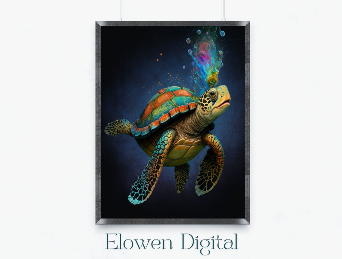 Colorful Sea Turtle with Rainbow Bubble Burst on Dark Poster